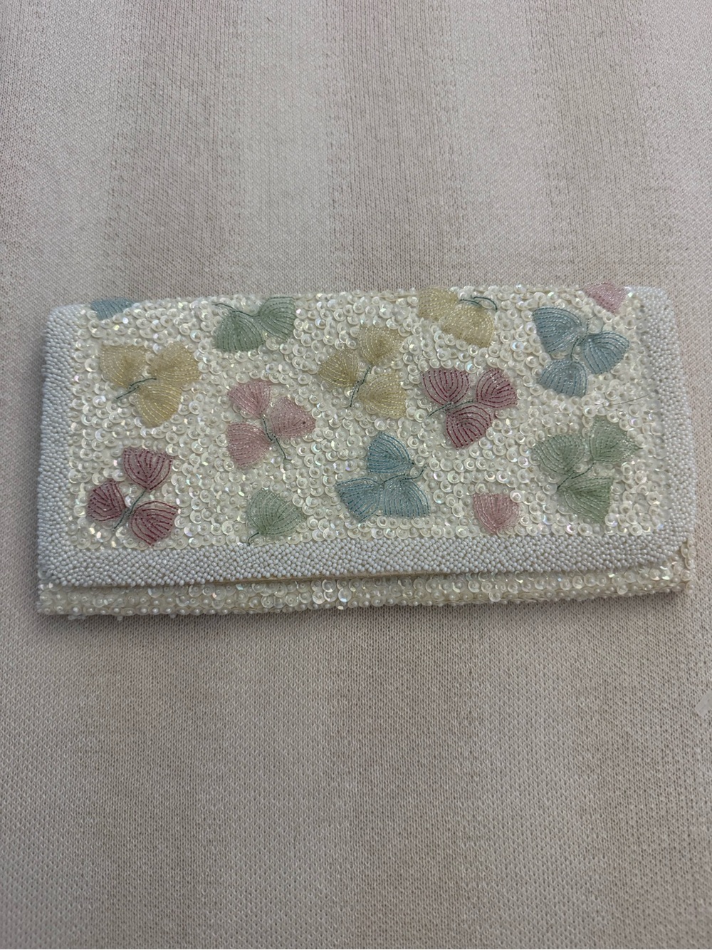 Beaded Butterfly Embroidered Clutch Wallet - Ivory with Pastel Accents